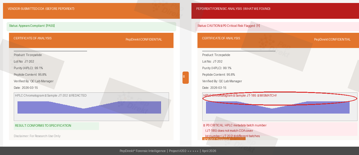 PepDirekt Forensic Analysis: Vendor COA vs. PepDirekt Findings